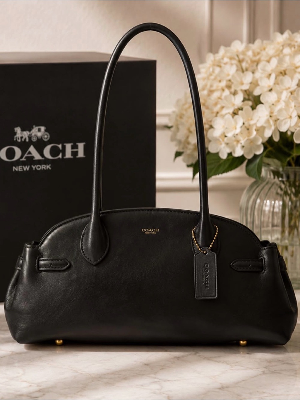 New Coach Empire Black Leather Dome Shoulder Bag